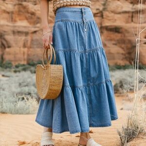 Denim Blue tiered Maxi Skirt with Buttons